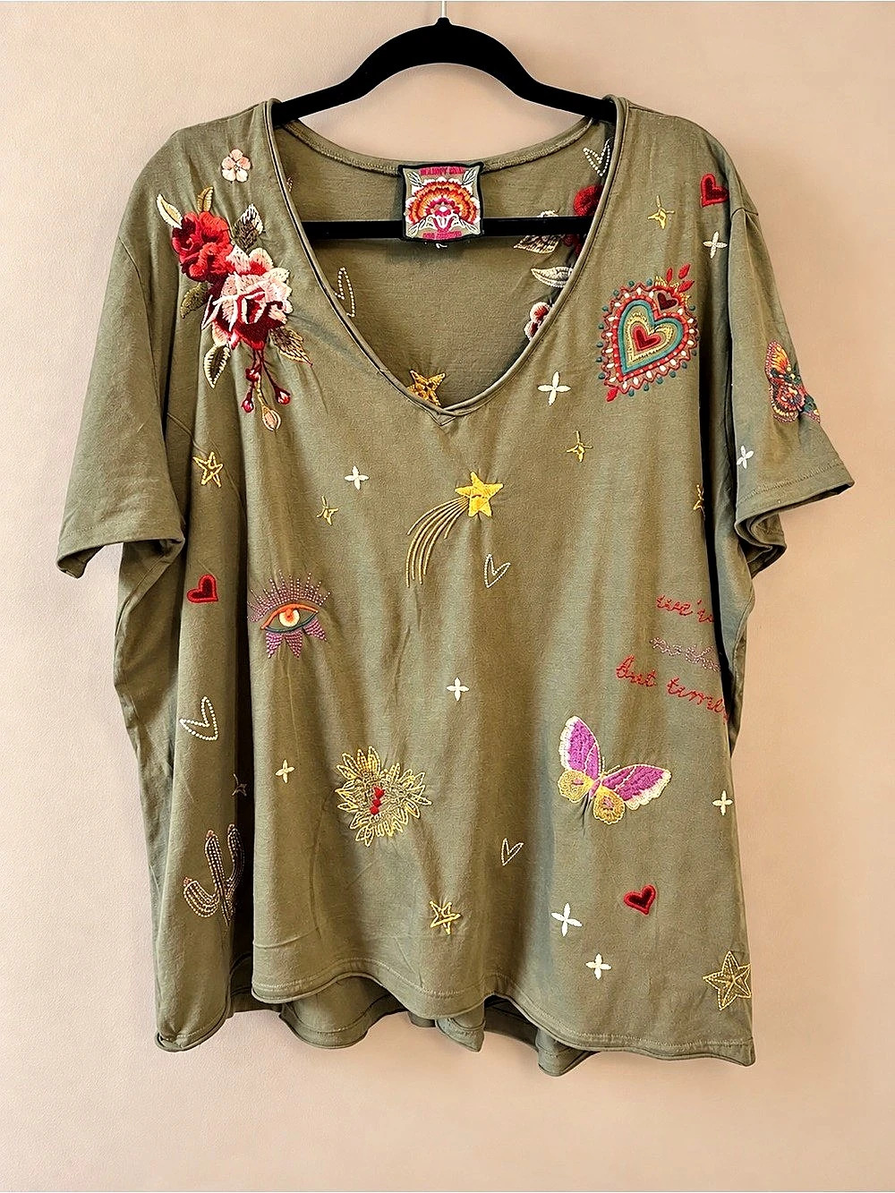 Johnny Was Monroe Everyday Tee Embroidered Green Short Sleeve Top